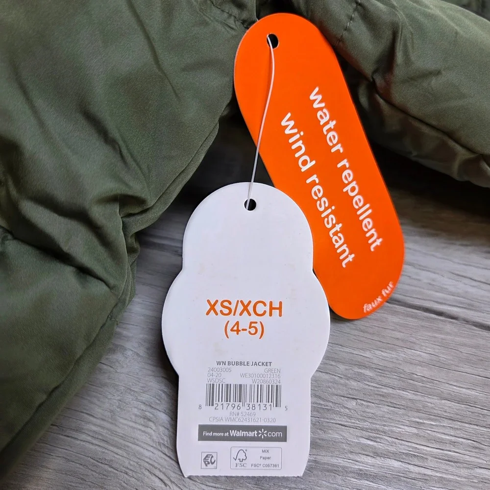 Wonder Nation Boys Green Black Bubble Jacket XS XCH 4 5 Water Resistant Hooded